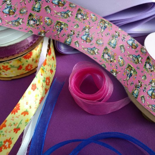 ヴィンテージ紫色の水色イースターバニーの花 サテンリボン