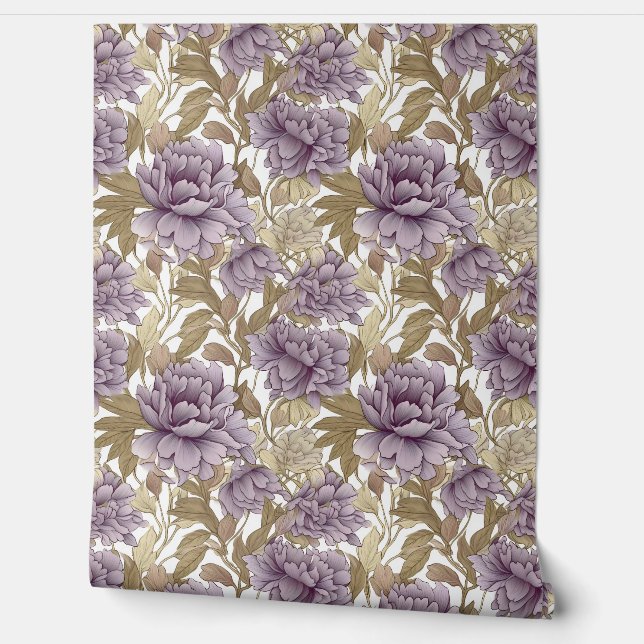 ヴィンテージ紫色の牡丹葉金ゴールドフローラ 壁紙 (ほどく)