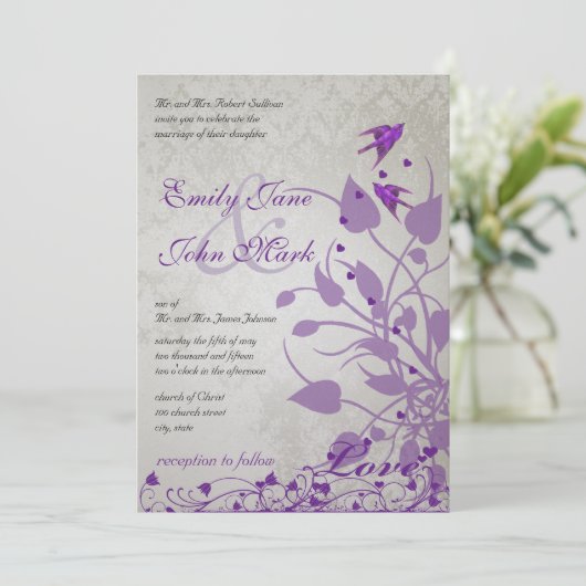 ヴィンテージ紫色の鳥のハート結婚式の招待 招待状 (スタンド正面)
