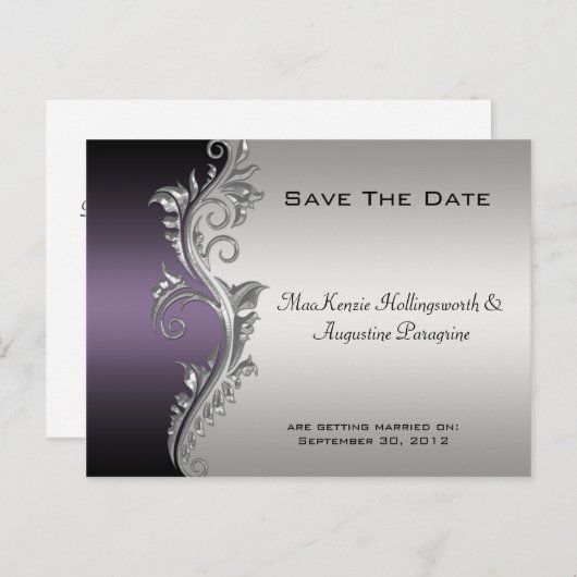 ヴィンテージ紫色の黒と銀の日付を保存 案内ポストカード (正面/裏面)