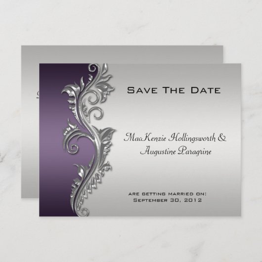 ヴィンテージ紫色の黒と銀の日付を保存#2 案内ポストカード (正面/裏面)