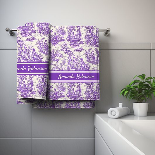 ヴィンテージ紫色のtoile de jouy printed バスタオルセット