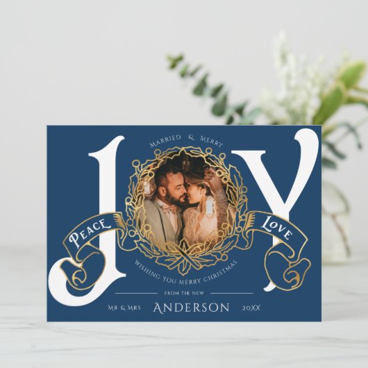 ヴィンテージ結婚したとブルーメリークリスマスフォトカード (スタンド正面)