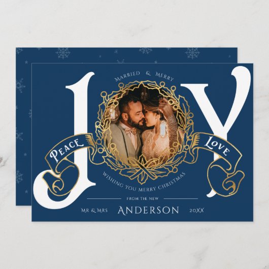 ヴィンテージ結婚したとブルーメリークリスマスフォトカード (正面/裏面)