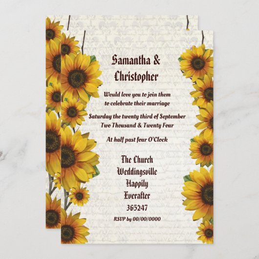 ヴィンテージ結婚ひまわり 招待状 (正面/裏面)