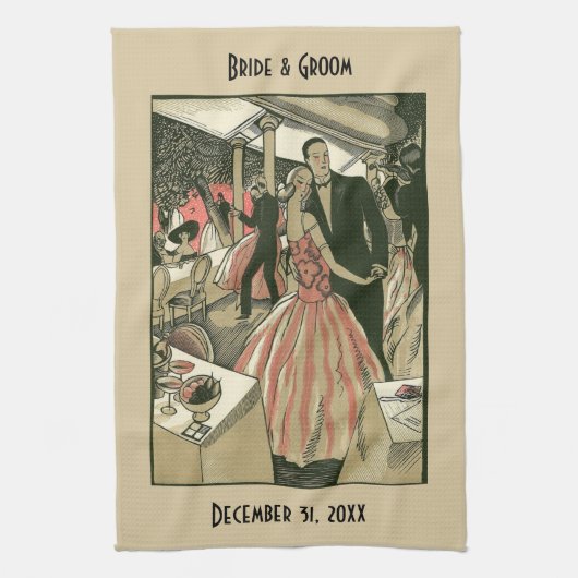 ヴィンテージ結婚アールデコズ、ニューライウィズ・ファースト・ダンス キッチンタオル (縦)