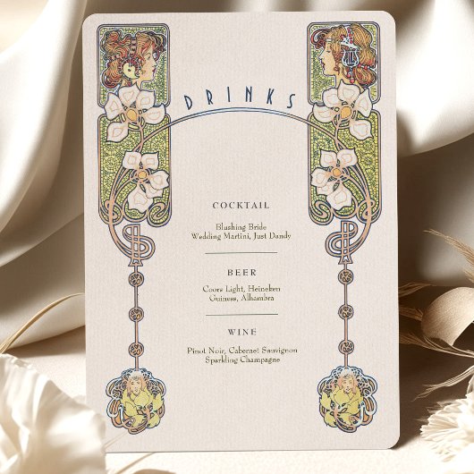 ヴィンテージ結婚アールヌーボーのドリンクメニューカード 招待状