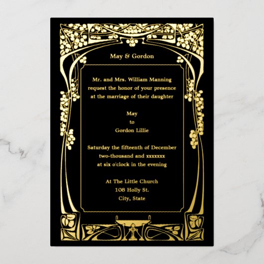 ヴィンテージ結婚アールヌーボー 箔招待状 (正面)