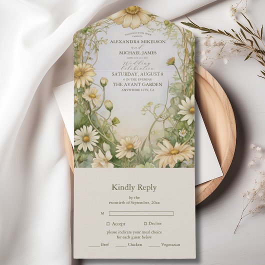 ヴィンテージ結婚デイジーアールヌーボー オールインワン招待状