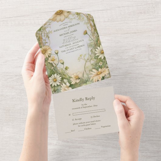 ヴィンテージ結婚デイジーアールヌーボー オールインワン招待状 (貼ってはがせる)