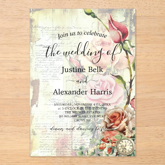 ヴィンテージ結婚バラ アクリル招待状 (正面)