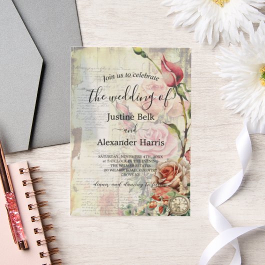 ヴィンテージ結婚バラ ベラム紙招待状 (ウェディング)
