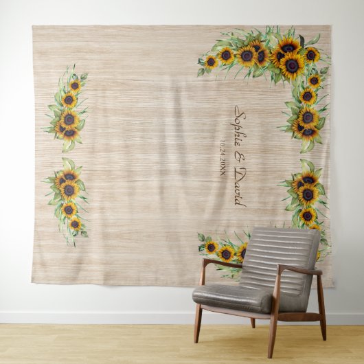 ヴィンテージ結婚ヒマワリのライトウッドフォトブース タペストリー (インサイチュ(横))