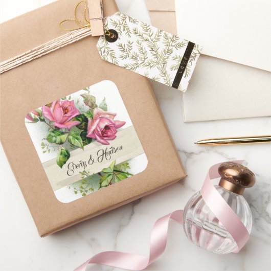 ヴィンテージ結婚ピンクバラ スクエアシール (ギフト)