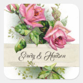 ヴィンテージ結婚ピンクバラ スクエアシール (正面)