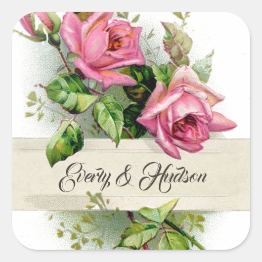 ヴィンテージ結婚ピンクバラ スクエアシール (正面)