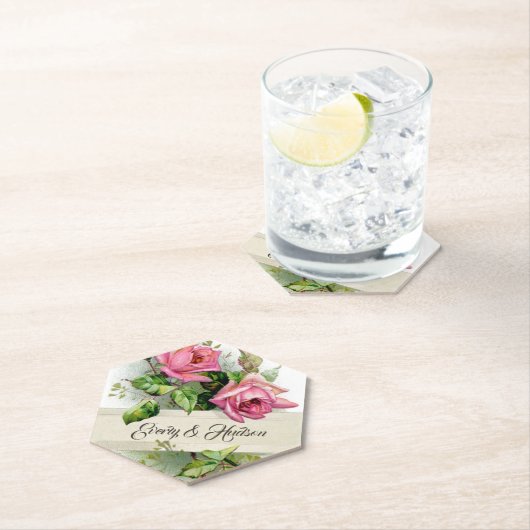 ヴィンテージ結婚ピンクバラ ペーパーコースター (インサイチュ)