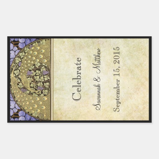 ヴィンテージ結婚ピーコックのワインラベル 長方形シール (正面)