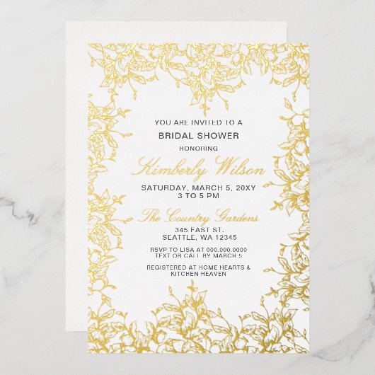 ヴィンテージ結婚フローラブライダルシャワー 箔招待状 (正面/裏面)