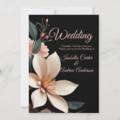 ヴィンテージ結婚フローラ桃色の花黒 招待状 (正面)