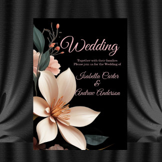 ヴィンテージ結婚フローラ桃色の花黒 招待状