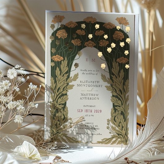 ヴィンテージ結婚フローラ金ゴールド 箔招待状