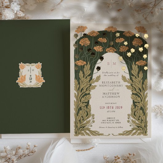 ヴィンテージ結婚フローラ金ゴールド 箔招待状