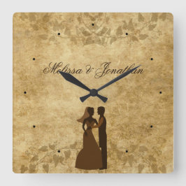 ヴィンテージ結婚ブラウン新郎新婦名前をカスタムする スクエア壁時計