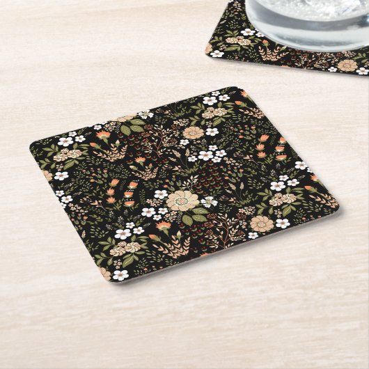 ヴィンテージ結婚ブラックの国フローラ スクエアペーパーコースター (アングル)