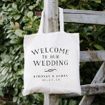ヴィンテージ結婚レタリング歓迎 トートバッグ<br><div class="desc">シンプルとシック結婚のウェルカムトートバッグは、装飾の華やかさと名前と下の日付を持つブラックヴィンテージスタイルブロックタイポグラフィで結婚、「私たちのへようこそ」結婚を特徴としている。</div>