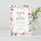 ヴィンテージ結婚ワイルドフラワーの写真保存日時 招待状 (スタンド正面)