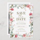 ヴィンテージ結婚ワイルドフラワーの写真保存日時 招待状 (正面/裏面)