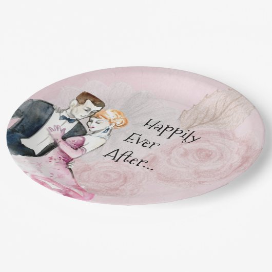 ヴィンテージ結婚式のカップルの後ずっと幸せに ペーパープレート (アングル)