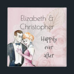 ヴィンテージ結婚式のカップルの後ずっと幸せに マグネット<br><div class="desc">レトロなヴィンテージスタイルを備えた可愛い磁石パーソナライズされたで、その後も幸せそうな名前と文字。色あせエレガントたピンク色のバラが付いたピンク色の背景にセットされたイラストレーション。愛ファンシー愛の抱擁のカップル結婚のイラストレーションは水の色と一緒に。シックで上品で粗末な古ファッションドいしゃれている。</div>
