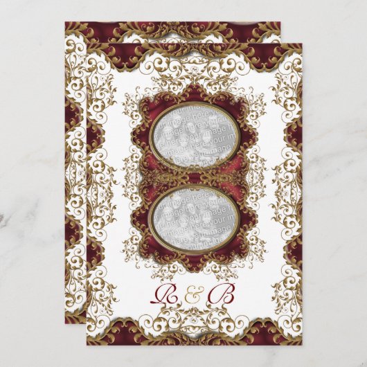 ヴィンテージ結婚式のバーガンディ金ゴールド 招待状 (正面/裏面)