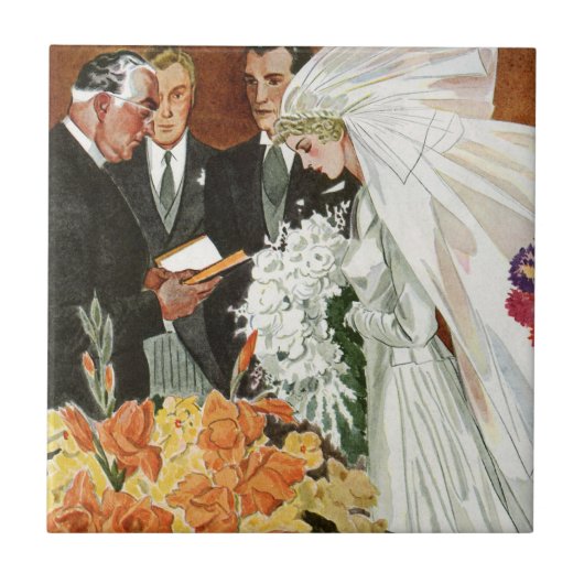 ヴィンテージ結婚式の儀式と花嫁と花婿 タイル (正面)