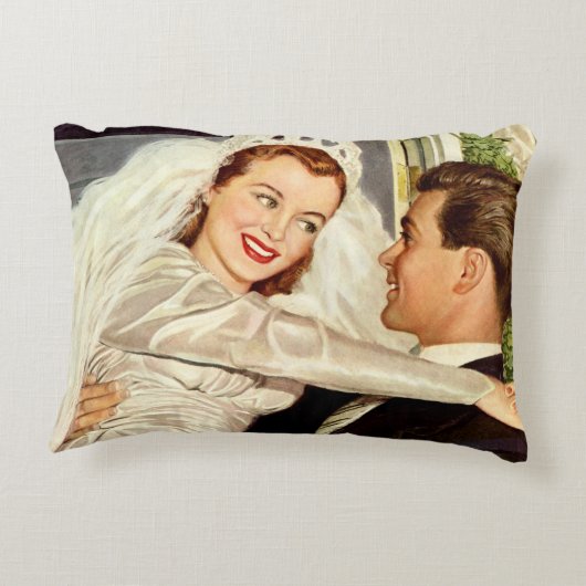 ヴィンテージ結婚式の新婚夫婦、ハッピーブライドと新郎新婦 アクセントクッション (裏面)