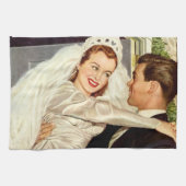 ヴィンテージ結婚式の新婚夫婦、ハッピーブライドと新郎新婦 キッチンタオル (横)