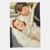 ヴィンテージ結婚式の新婚夫婦、ハッピーブライドと新郎新婦 キッチンタオル (縦)