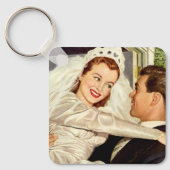 ヴィンテージ結婚式の新婚夫婦、ハッピーブライドと新郎新婦 キーホルダー (正面)