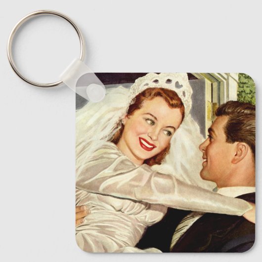 ヴィンテージ結婚式の新婚夫婦、ハッピーブライドと新郎新婦 キーホルダー (正面)