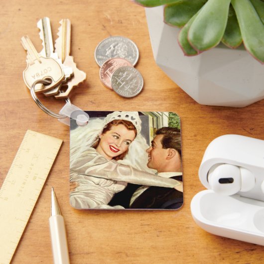 ヴィンテージ結婚式の新婚夫婦、ハッピーブライドと新郎新婦 キーホルダー (デスク)