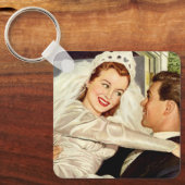 ヴィンテージ結婚式の新婚夫婦、ハッピーブライドと新郎新婦 キーホルダー (正面)