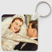 ヴィンテージ結婚式の新婚夫婦、ハッピーブライドと新郎新婦 キーホルダー (裏面)