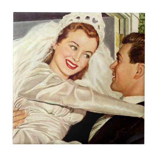 ヴィンテージ結婚式の新婚夫婦、ハッピーブライドと新郎新婦 タイル (正面)