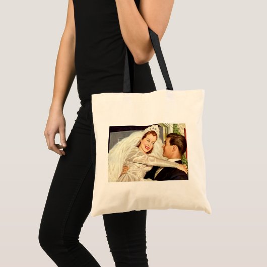 ヴィンテージ結婚式の新婚夫婦、ハッピーブライドと新郎新婦 トートバッグ (正面(商品))