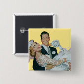 ヴィンテージ結婚式の新婚夫婦、ハッピーブライドと新郎新婦 缶バッジ (正面&裏面)