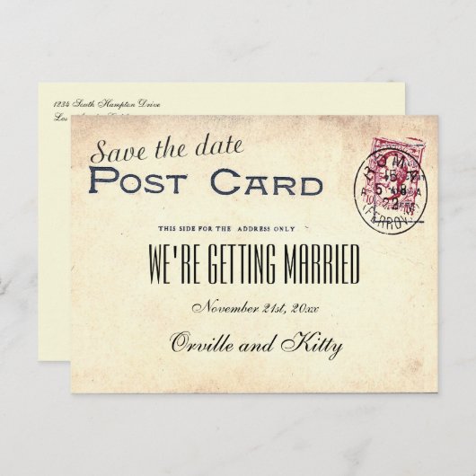ヴィンテージ結婚式の日付を保存する 案内ポストカード (正面/裏面)