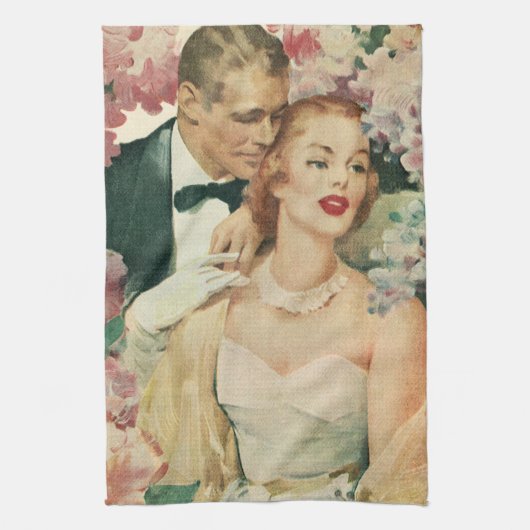 ヴィンテージ結婚式の肖像画、レトロな花嫁と新郎 キッチンタオル (縦)
