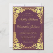 ヴィンテージ結婚式ワインカラー偽ゴールド華麗なフレーム 招待状 (正面)